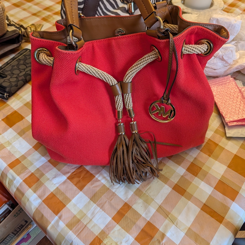 Michael Kors Red/Orange and Light Brown Shoulder Bag